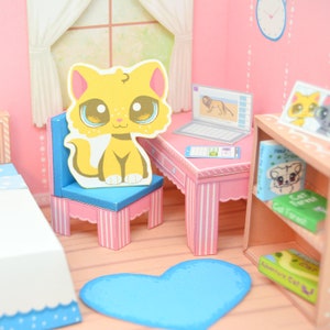 Druckbare DIY Papier Puppenhaus Bastel Kit, digitaler Download, Kitty Katze Schlafzimmer, Miniatur, Möbel Zubehör, Puppenhaus
