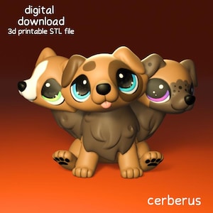 May include: A three-headed dog figurine with large eyes and a cartoonish design. The dog is brown and tan with a fluffy chest and paws. The text "digital download 3d printable STL file" and "cerberus" are visible.