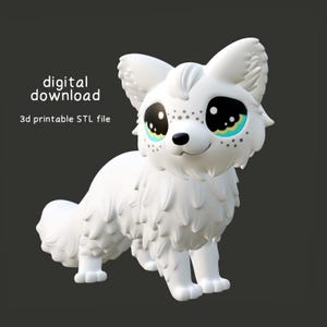 May include: A 3D printable STL file of a white, fluffy fox with large, blue eyes and a cute expression. The fox is standing on all fours and has a bushy tail.