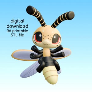 May include: A 3D-printed, cartoon-style insect figurine with large eyes, antennae, and wings. The insect is primarily beige, black, and yellow, with red accents. The text "digital download 3d printable STL file" is visible.