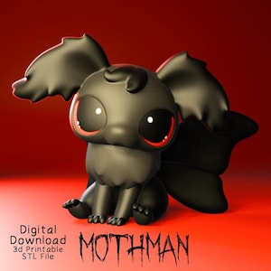 May include: A black cartoon Mothman figure with large red-rimmed eyes and large wings, sitting on a red surface. The image includes the text "MOTHMAN" in a stylized font, along with "Digital Download" and "3D Printable STL File".
