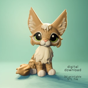 Puede incluir: Un modelo 3D imprimible de un gato lindo de estilo de dibujos animados con ojos grandes y verdes y una cola esponjosa. El gato está sentado sobre un fondo azul claro. El texto "descarga digital archivo STL imprimible en 3D" se muestra debajo del gato.