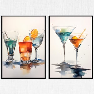 Digital Bar Art Prints; Blue and Orange Cocktails; Set of Two
