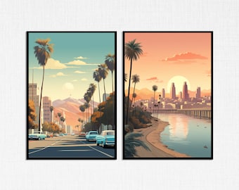 Vintage Los Angeles Travel Prints; Travel Decor; Digital Art Prints; Set of Two