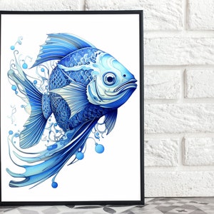 Digital Fish Art Prints; Blue; Set of Four
