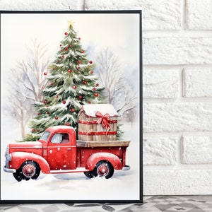 Christmas Decor; Digital Art Print of Old Time Truck and Christmas Tree