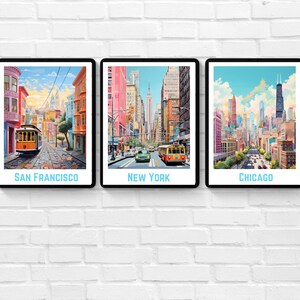 Retro New York, San Francisco & Chicago Travel Prints; Travel Decor; Digital Art Prints; Set of Three