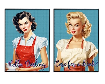 Retro Hausfrau Art Prints: Küche & Bar Wand Dekoration (2er Set) (Digitaler Download)