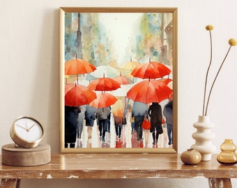 People Walking with Umbrellas; Digital Art Print