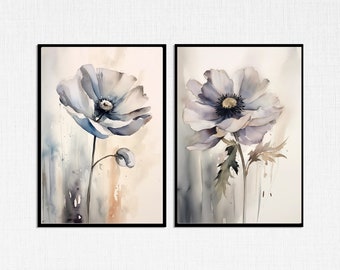 Gray Flowers; Digital Art Prints; Set of Two