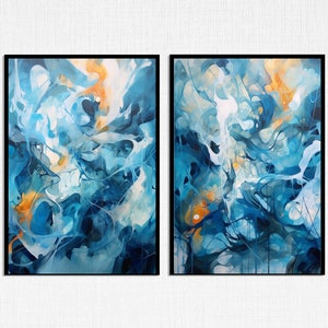 Digital Abstract Blue Art Prints; Set of Two