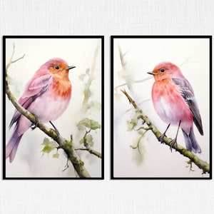 Bird Art Prints; Pink Robins; Digital Prints; Set of Two