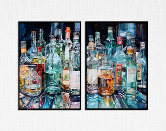 Home Bar Wall Art; Alcohol Bottles; Digital Set of Two