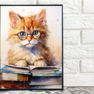May include: A watercolor painting of a ginger cat wearing round glasses and sitting on a stack of books. The cat has green eyes and a soft, fluffy coat.