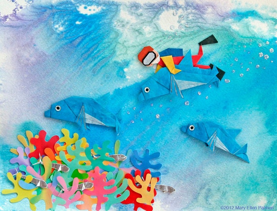 Dolphin Scuba Diver Origami Painting, Matted Seascape Print - Etsy
