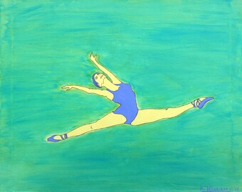 May include: A painting of a dancer in a blue leotard performing a split against a teal background.