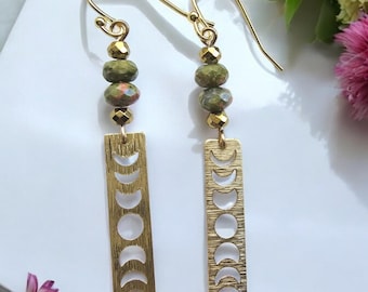 Moonphase Brass Gemstone Dangle Earrings | Boho, Witch, Hippie, Metaphysical, Moon, Crystal | Celestial Earrings