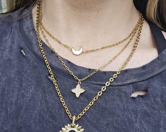 Sparkly Sunburst, Clover and Moon Triple Strand Gold Necklace | Connected Layers | Easy Layered Necklace | Multi-strand | Gold Filled Charms