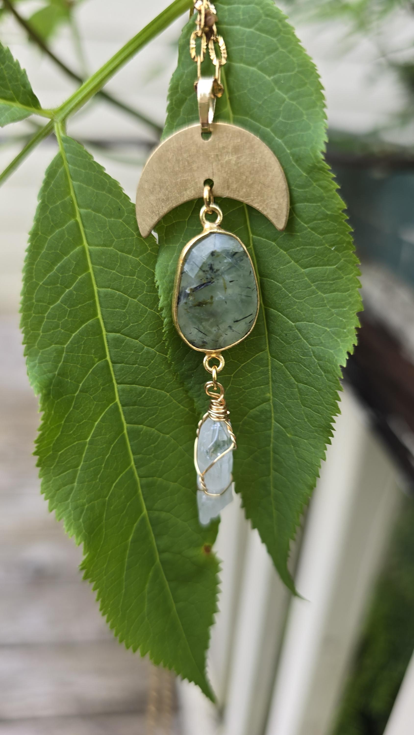 Unique Gemstone Necklace | Witchy Boho Pendant on Gold Chain with Prehnite and Clear quartz | Moon Necklace | Necklace that Can be Layered