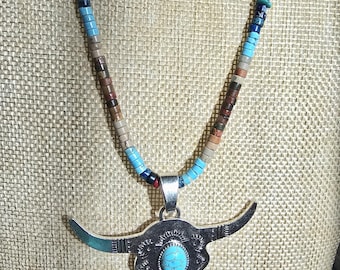 Long Beaded Southwestern Style Necklace with Gemstones and Bull Pendant with Genuine Turquoise, Goldstone, and Lapis Lazuli, Jasper