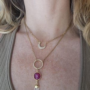 Ruby and Quartz Gold Double Strand Necklace with 14k Gold Filled Moon and Circle Connector | Multi-strand Necklace | 2 in 1 Necklace