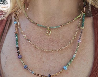 Multi-Strand Beaded Statement Necklace: Boho Celestial Moon Charm