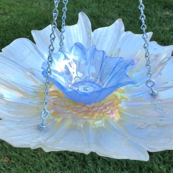 ON HOLD for Priscilla  Hanging White Flower Bird Feeder With Blue Center Dish, Floral Art Gift, Hanging Candle Holder, Retirement Gifts For