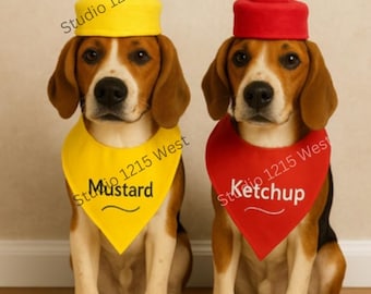 Ketchup and Mustard Dog Costume Set, Funny Halloween Pet Outfit, Dog Bandana & Hat, Small Dog Costume, Condiment Dog Duo, Handmade Original