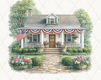 Watercolor Patriotic Farmhouse Clipart, Fourth of July Country House PNG, American Flag Home, Transparent Background, Commercial Use