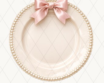 Conjunto de imagens PNG de pratos vintage rosa, clipart de porcelana estilo shabby chic, pratos com laço feminino, fundo transparente, uso comercial.