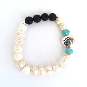 Cream Howlite Stone Oil Diffuser Bracelet, Aromatherapy, Silver Lotus Flower Charm, Aqua Czech Glass, Lava Rock, Gift, Oil Diffuser Jewelry