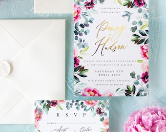 Gold Foil Wedding Invitation Suite, Greenery Wedding Invitation, Crest Invite, Watercolor Invite, Leaves, Foliage, Floral - Mae