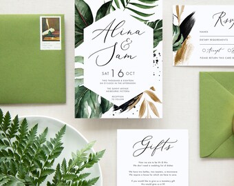 Greenery Wedding Invitation Suite, Textured, Invitation de mariage de couronne, Invitation de mariage, Invitation à l'aquarelle, Feuilles, Or - Monstera