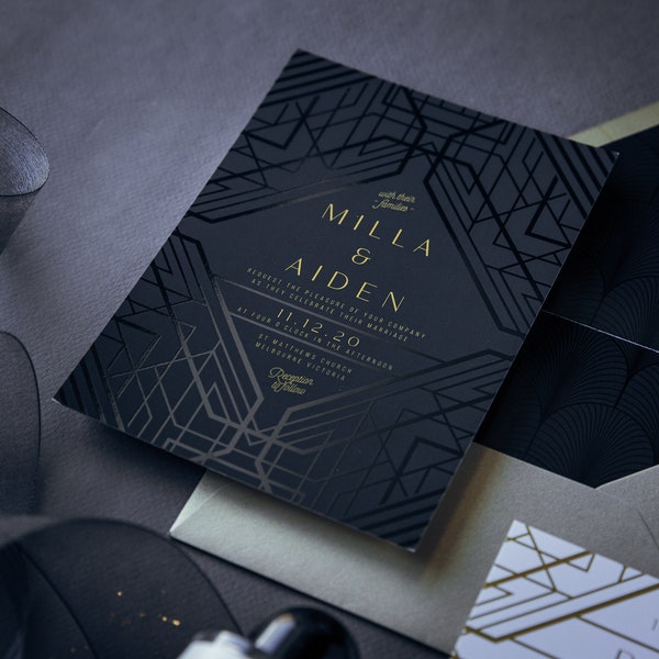 Deco Wedding Invitation Suite, Real Gold Foil Wedding Invitation, Moody Dark Wedding, Gatsby, Dark and Luxe, Vintage 20s theme - Deco