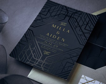 Deco Wedding Invitation Suite, Real Gold Foil Wedding Invitation, Moody Dark Wedding, Gatsby, Dark and Luxe, Vintage 20s theme - Deco