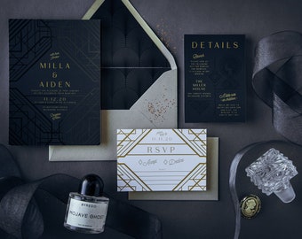 Deco Wedding Invitation Suite, Real Gold Foil Wedding Invitation, Moody Dark Wedding, Gatsby, Dark and Luxe, Vintage 20s theme - Deco