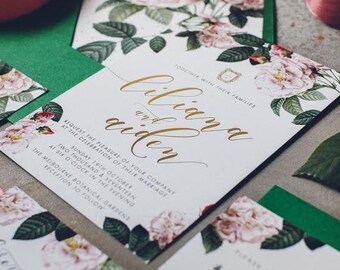 Gold Foil Wedding Invitation Suite, Greenery Wedding Invitation, Crest Invite, Watercolor Invite, Leaves, Foliage, Floral - Cinder