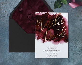 Gold Foil Wedding Invitations - Claret Collection - Australia, Invite Printing, Wedding Invite, Rustic Look, Gold Foil, Wine, Burgundy