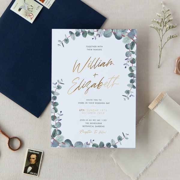 Eucalyptus Wedding Invitation Suite, Classic Wedding Invitation, Wedding Invite, Watercolor Invite, Gum Leaves, Greenery, Eucalypt - Snowgum