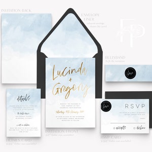 Ombre Wedding Invitation Suite, Real gold foil Wedding Invitation, Wedding Invite, Watercolor Invite, French Blue, Dusty Blue Ombre image 2