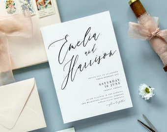 Calligraphy Wedding Invitation Suite, Simple, Wedding Invite, Traditional Invitation, Modern Invite, White Invite, Classic White - Delphine