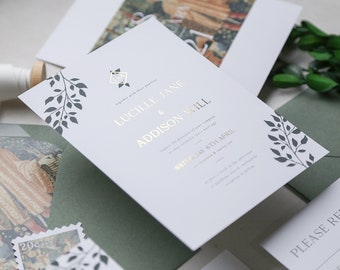 Greenery Wedding Invitation Suite, Gold Foil, Wreath Wedding Invitation, Wedding Invite, Watercolor Invite, Leaves, Foliage - Tapestry