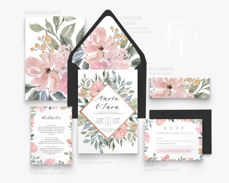 Blush Pink Wedding Invitation Suite, Floral Wedding Invitation, Wedding Invite, Watercolor Invite, Landscape Invite, Dusty Pink Papillion image 3