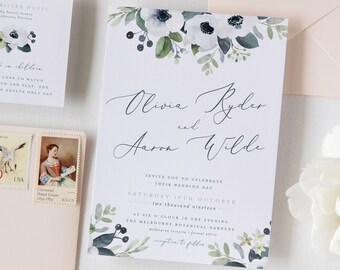 Greenery Wedding Invitation Suite, Spring Wedding Invitation, Wedding Invite, Leaves, Garden Invite, Anemone Flowers, Berries - Mulberry