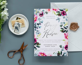 Silver Foil Wedding Invitation Suite, Greenery Wedding Invitation, Crest Invite, Watercolor Invite, Leaves, Foliage, Floral - Mae
