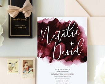 Burgundy Wedding Invitation Suite, Wine Coloured Wedding, Wedding Invite, Dark Red, Watercolour, Calligraphy, Australia - Claret