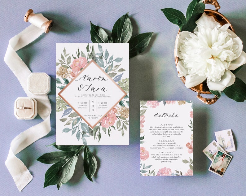 Blush Pink Wedding Invitation Suite, Floral Wedding Invitation, Wedding Invite, Watercolor Invite, Landscape Invite, Dusty Pink Papillion image 1