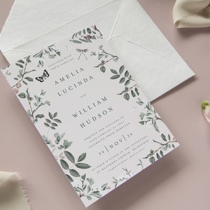 Floral Wedding Invitation Suite, Spring Wedding Invitation, Wedding Invite, Leaves, Garden Invite, Blossom Flowers, Butterflies - Adele