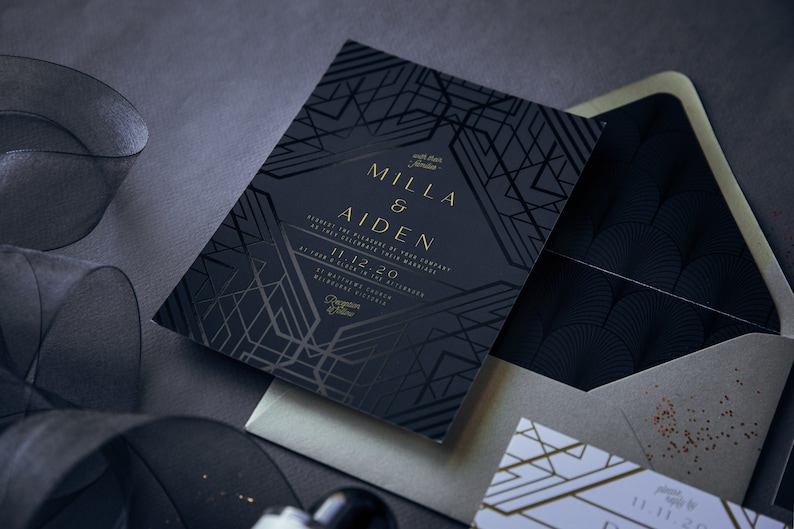 Deco Wedding Invitation Suite, Real Gold Foil Wedding Invitation, Moody Dark Wedding, Gatsby, Dark and Luxe, vintage 20s thème Deco image 1