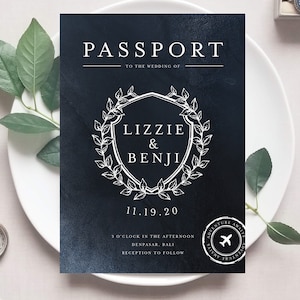 Invitación de boda con diseño de pasaporte, invitación de boda con lámina de oro real, destino, viaje, mapa antiguo, tarjeta de embarque, escudo - Pasaporte